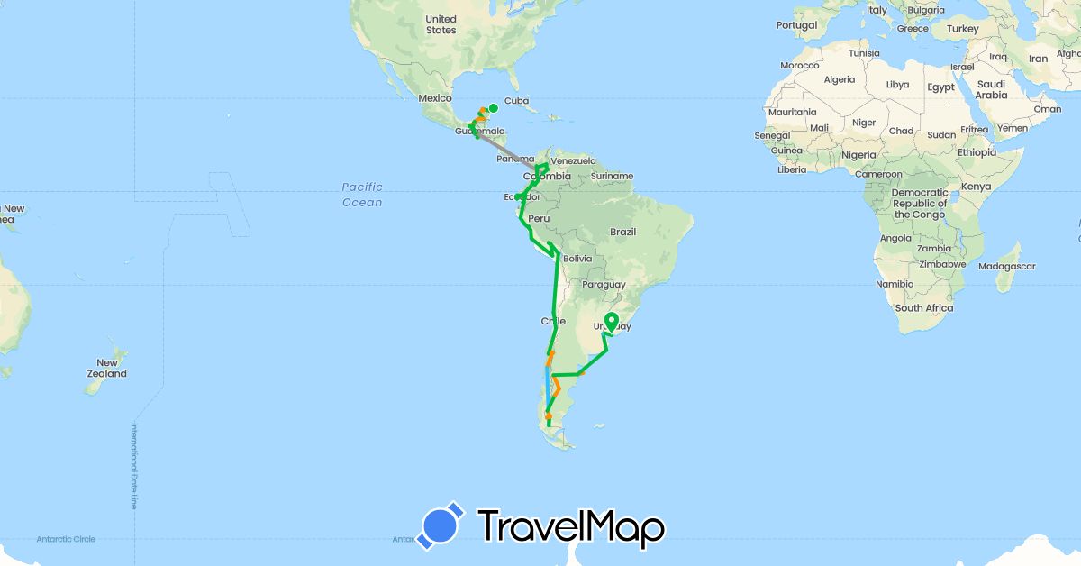 TravelMap itinerary: driving, bus, plane, train, hiking, boat, hitchhiking in Argentina, Chile, Colombia, Ecuador, Guatemala, Mexico, Peru, Uruguay (North America, South America)